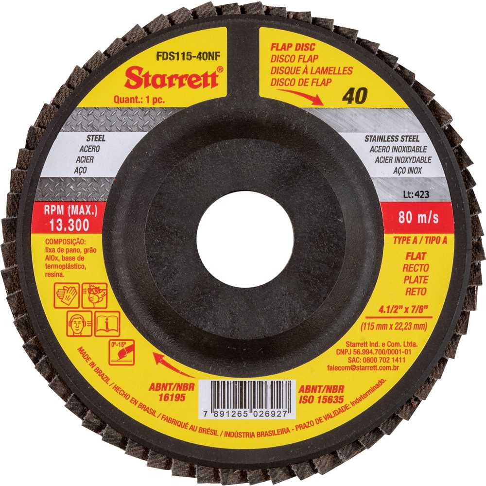 Flap-disc, disco de desbaste/acabamento, 4.1/2" - 115 mm, reto tipo A, G 40, FDS115-40NF STARRETT